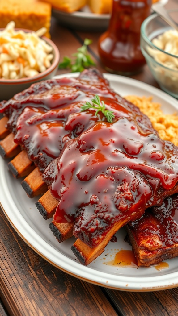 A plate of barbecue ribs with sauce, coleslaw, and cornbread on a rustic table.